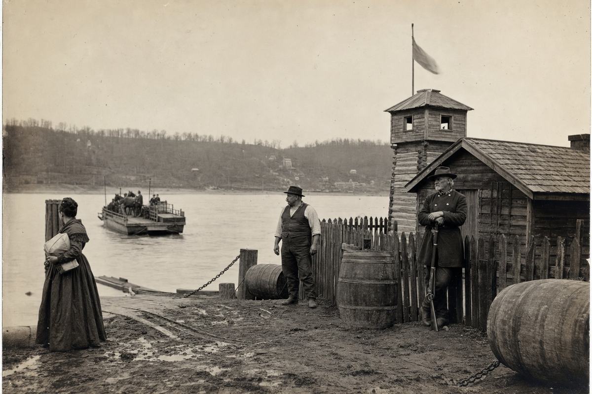 Late-19th-century silver gelatin print from a dry plate glass negative, medium contrast with fine grain and slight halation around the sky. Off-center composition from the north bank of the Ohio River: a timbered blockhouse and rough-plank customs shed sit to the right behind a low picket; a ferry scow midstream angles left toward the opposite landing. Three figures—an older uniformed guard with a slouch hat leaning on a carbine, a stout ferryman in a vest, and a young woman holding a parcel—stand apart and face different directions; faces are distinct but softly rendered by the lens. Barrels, a chain, and muddy ruts fill the foreground. No signs or lettering are visible; a small flag stirs on a short pole above the shed.