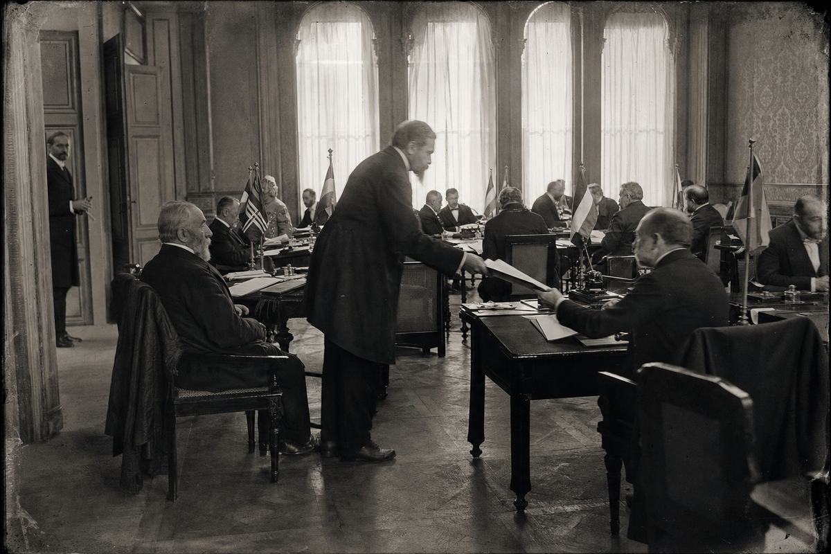 Late-19th-century silver gelatin dry plate photograph of the Hofburg Conference Chamber during a sitting of the Concert Council, circa 1895. Asymmetric view from the side aisle with a large-format 8x10 view camera (approx. 300mm lens); dominant action is a clerk mid-aisle handing a folder to a seated delegate while others, distinct in age and build, confer at separate desks. Desks show inkwells, blotters, and loose papers; small national standards on short poles behind chairs (no legible emblems or text). Tall windows with sheer curtains, scuffed parquet, a coat draped over a chair back, and a messenger waiting by a door. Fine grain, long-exposure softness in moving hands, gentle vignetting at corners, rich midtones with slightly warm paper base; no modern elements, no lettering visible.