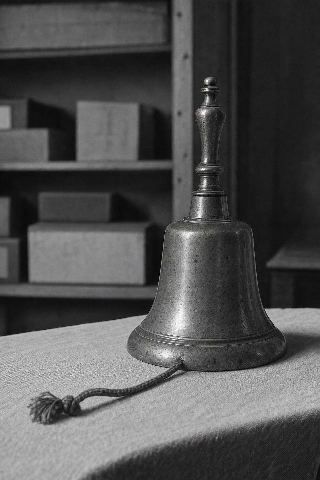 Archival object study, 1960s black-and-white photograph on 120 roll film (Hasselblad 500C with 80mm Planar, Kodak Tri-X 400), of the brass Council bell used in the Hofburg chamber. Asymmetric portrait composition with the bell set off-center on a linen-covered table; visible patina, fine scratches, and a frayed pull cord resting across the cloth. Soft raking light reveals metal tarnish and faint dust; background shows blurred shelving with archival boxes turned so no labels are legible. Moderate grain, gentle falloff, no text anywhere.
