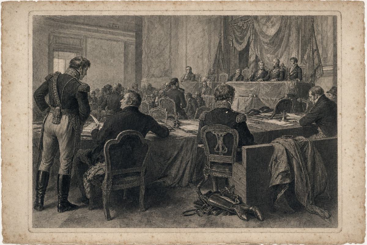 Copperplate engraving with etching and aquatint on laid paper, Brussels workshop circa 1817; interior of a council hall during the Congress of Brussels: oblique three-quarter view toward a dais, delegates in varied uniforms and civilian dress seated at long tables with quills and inkwells; scattered chairs, a cloak draped over a bench, boots and scabbards tucked beneath; banners and draperies without any visible words; pronounced plate mark and deckled edges, slight paper foxing and ink spread; asymmetric composition with one delegate standing to confer in the near left foreground; cropped within the plate to exclude any caption cartouches; no lettering visible.