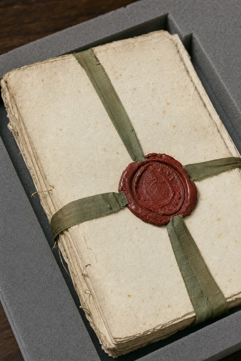 Archival object study photograph, museum tabletop setup with gray foam cradle; oblique overhead view of the wax seal and ribbon attached to a folded folio from the 1816 Charter of Brussels minutes; thick rag paper with deckled edges, light foxing, small edge tears and thread stitching visible; deep red wax seal with partially shadowed impression, faded green silk ribbon crossing the page; soft raking light emphasizing paper texture; 50mm macro lens equivalent; no legible text visible anywhere in the frame.