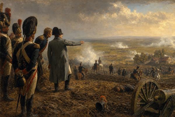 19th-century oil painting on canvas, French academic-romantic school, oblique vantage from slightly behind and to the left of Napoleon addressing the Imperial Guard near La Haye Sainte at Waterloo; heavy sky beginning to clear, low sunlight catching artillery smoke drifting over rolling fields; distinct Guardsmen with accurate French uniforms, mud-splashed boots, an aide-de-camp leaning in while Napoleon extends his right arm; mid-distance British infantry squares on the ridge, cavalry and cannon crews at work; warm aged varnish glow, fine craquelure, subtle impasto on metallic highlights, scuffed canvas edges just outside the cropped frame; painted in studio circa 1835, museum-quality reproduction lighting; asymmetric composition with foreground churned field ruts and a fallen shako near a gun wheel; no lettering or banners with text anywhere.
