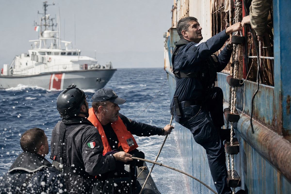 Joint patrol at sea: Italian and Greek cutters coordinate a daylight boarding in moderate seas.