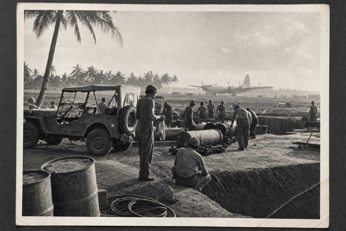 At dawn in 1945, ground crew tend steel casks near Bomb Pits No. 1 and 2 at North Field, Tinian.