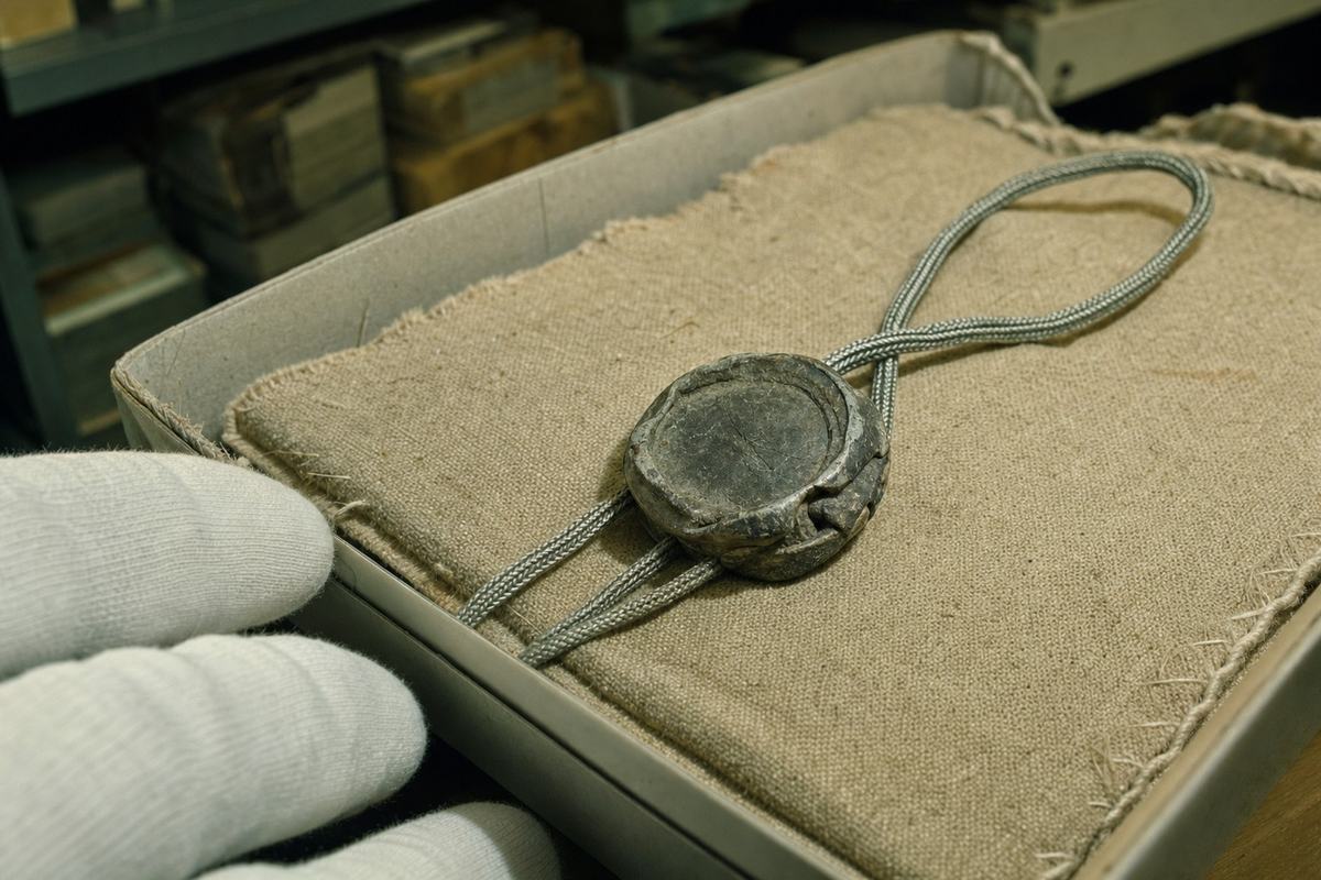 Close-up of a vintage TR lead seal crimped on braided steel, showing patina and inspection scratches.