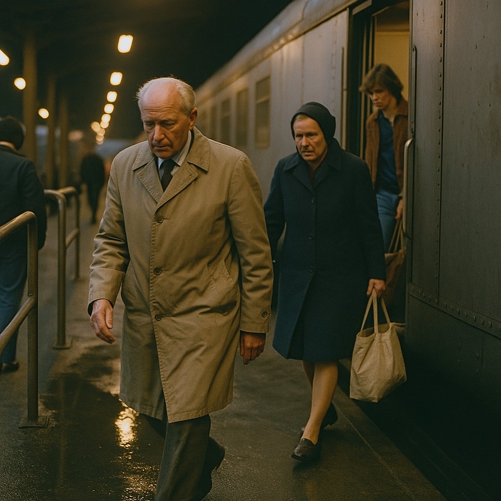 Morning foot passengers walk off a Dover–Calais shuttle in the 1970s, coats and bags catching yellow platform light.