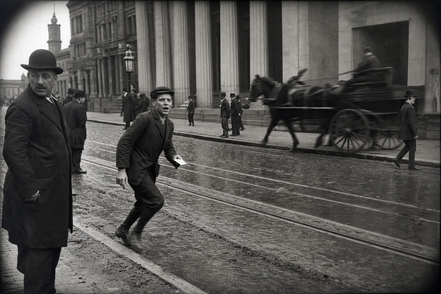 Broad Street vers 1900, coureurs et commis devant la façade de la Bourse fédérale, pavés mouillés et colonnes en arrière-plan.