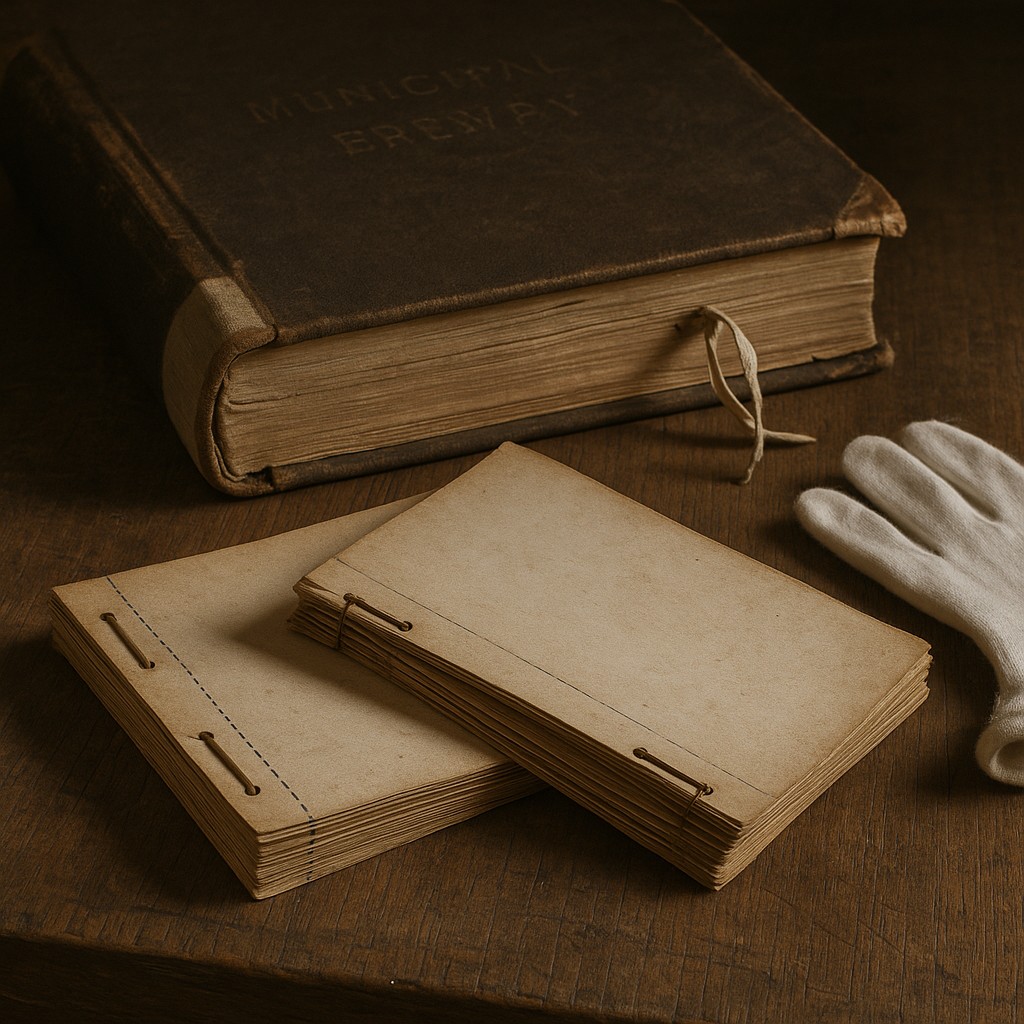 Carnets de bons de production et grand livre d’une brasserie municipalisée, présentés en reproduction d’archives sans texte lisible.