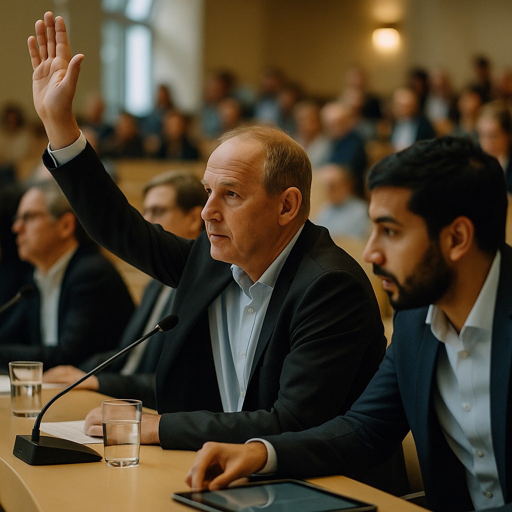 Séance ouverte du Conseil central à Munich en 2019, un délégué lève la main pendant que d’autres prennent la parole.