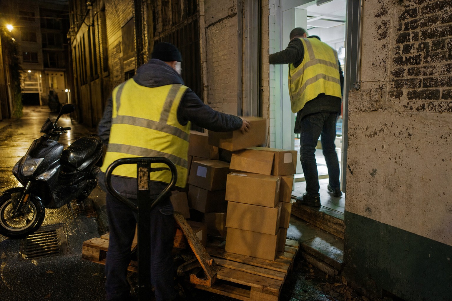 Cour arrière d’une pharmacie sous la pluie, de nuit, deux manutentionnaires en gilet réfléchissant déchargent des cartons anonymes sur un transpalette.