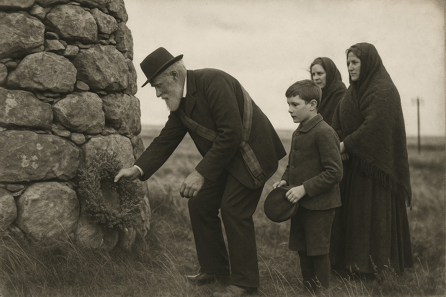 A late-19th-century photograph of wreath-laying at the Drumossie Moor cairn, tartan sashes in the wind.