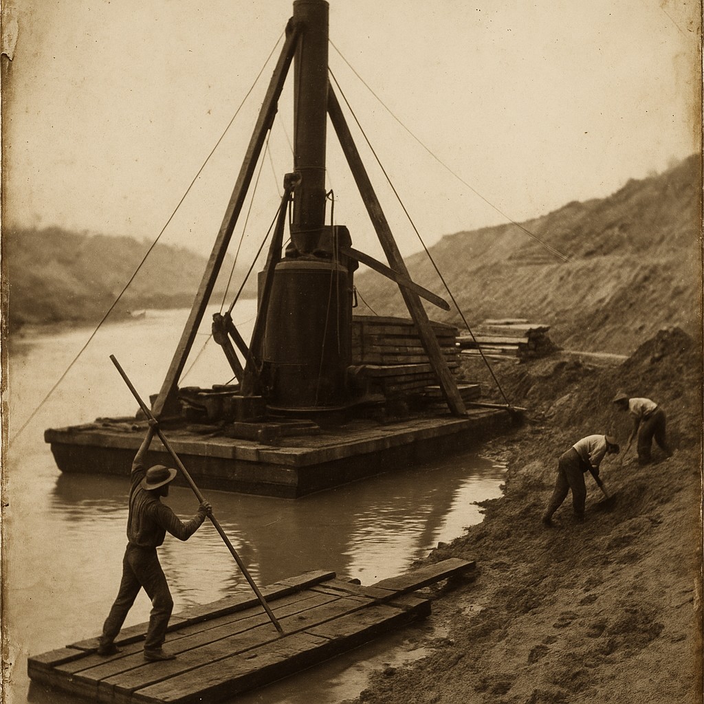 Chantier de dragage sur l’isthme en 1861, ouvrier au jalon sur une plate-forme en bois près d’une drague à vapeur.