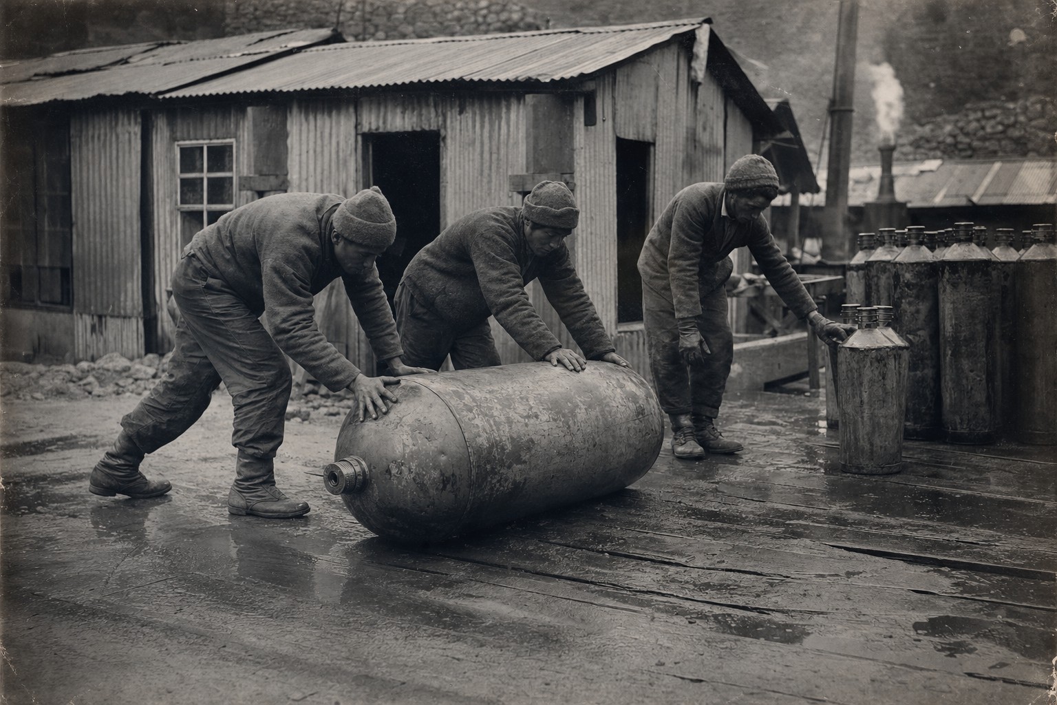 A 1910s silver‑gelatin photograph at the Huancavelica works showing workers moving iron mercury flasks across wet boards in a storage yard