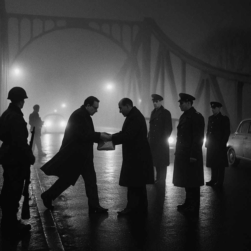 Fog and headlights shroud guards and vehicles on Glienicke Bridge during the 1963 exchange, with two civilians mid-handover at the span’s center.