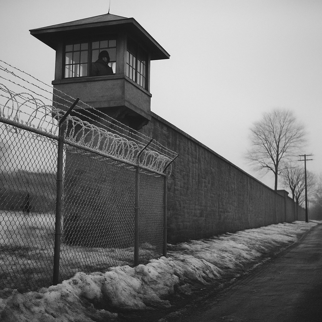 A watchtower at the Ossining Prison Complex rises over a frost-coated wall and barbed wire on a gray winter day.
