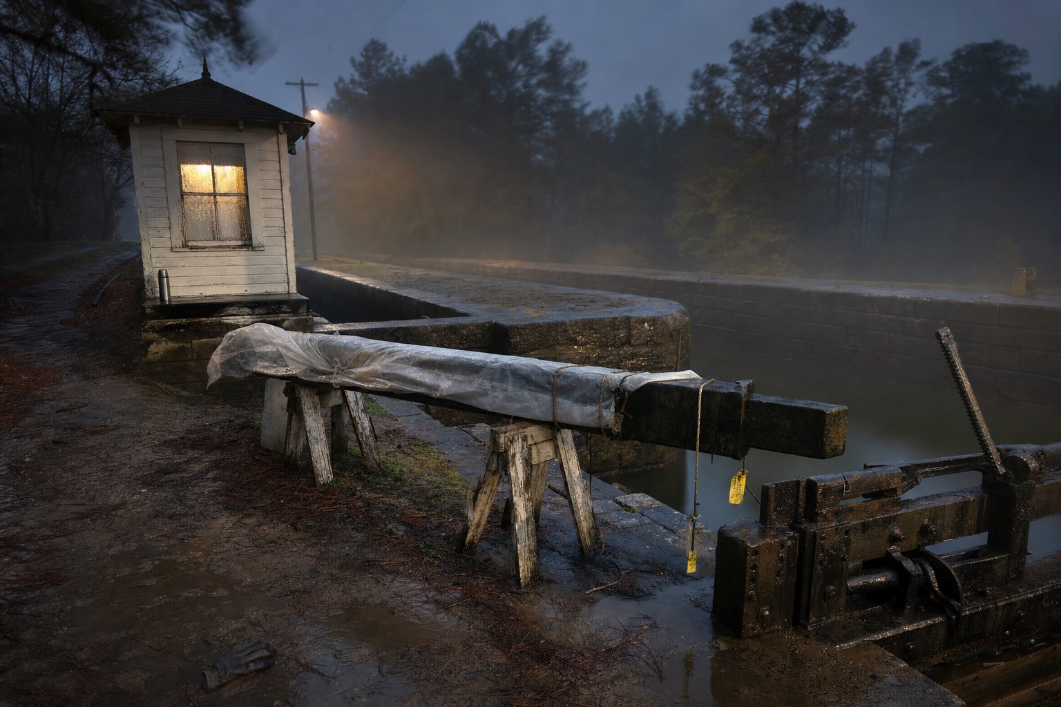 Pre-dawn view of Augusta Canal’s Lock 3 with the keeper’s hut lit, wet stone, and halted gate work under mist.