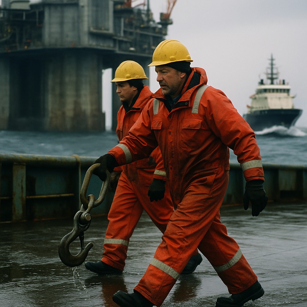 Deckhands in survival suits move a sling hook on a wet supply-boat deck with the Hibernia platform looming to port under low cloud.