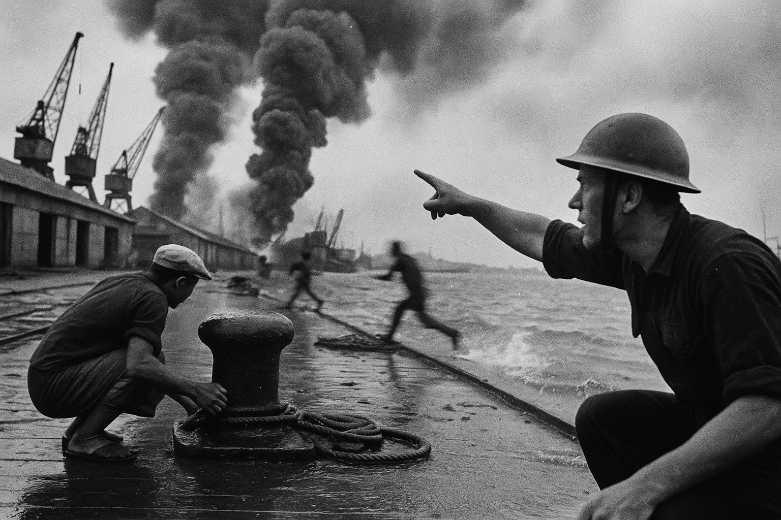 Docks de Haiphong sous raid aérien, colonnes de fumée au-dessus des grues et entrepôts.