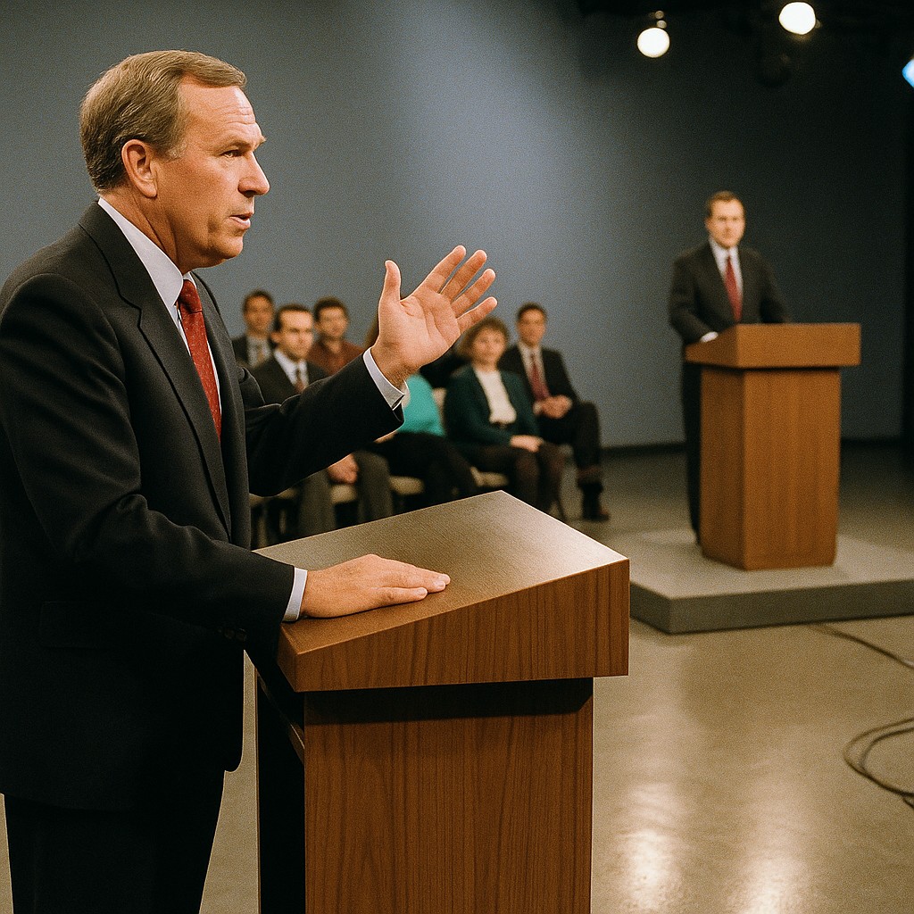 A candidate gestures during the first nationally televised leaders’ debate in March 1991.