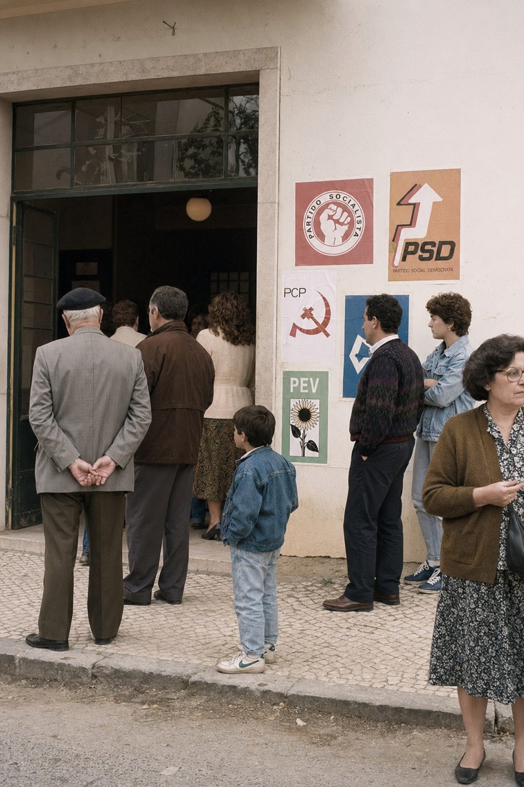 Électeurs devant une école à Lisbonne en 1994