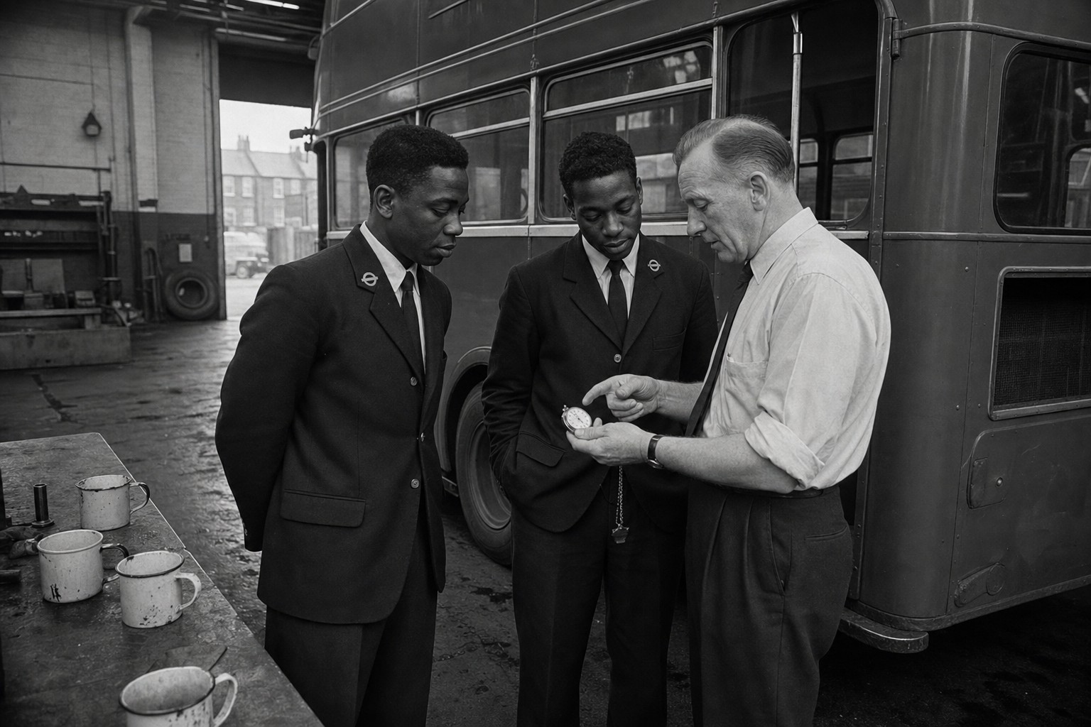 London Transport recruits from the Caribbean in uniform during a briefing at a south London bus depot, 1950s