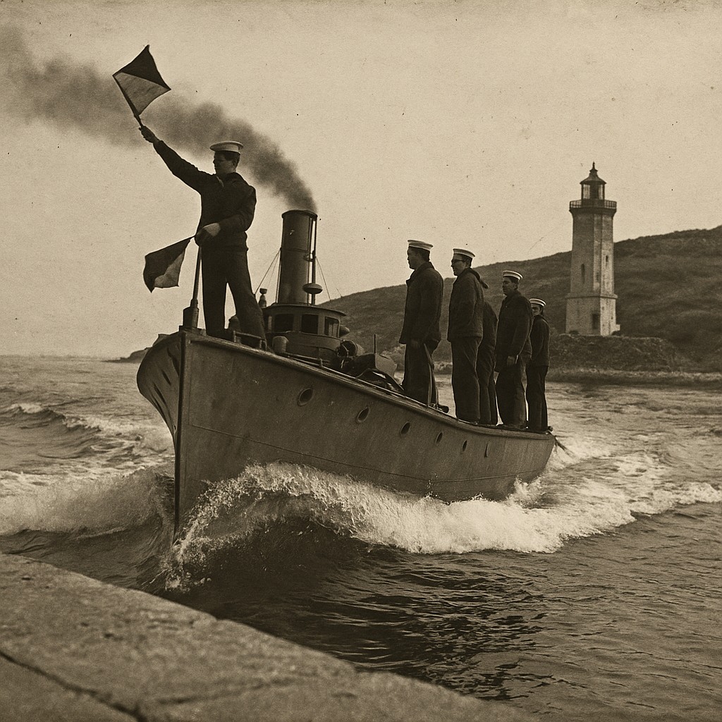 Silver gelatin print of a League patrol boat passing the Dardanelles semaphore tower, early 20th century