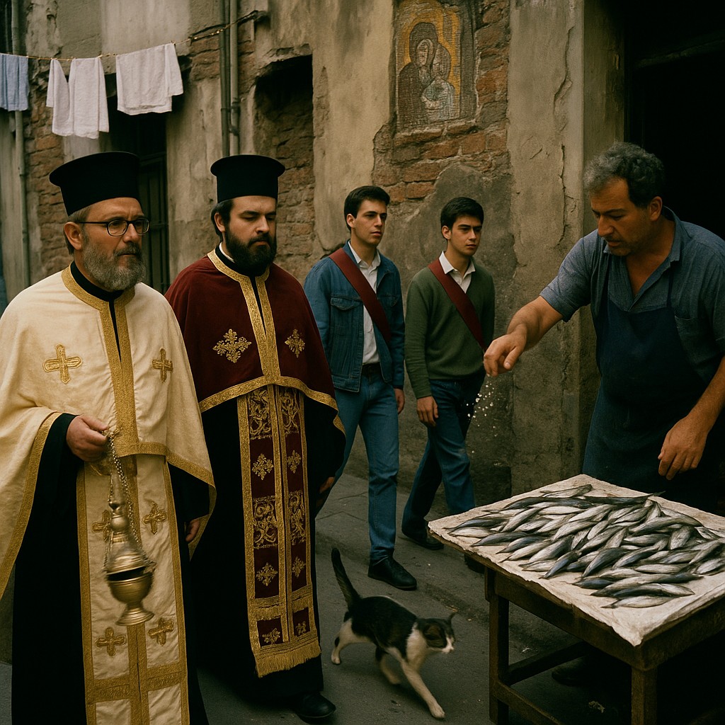 Procession in Constantinople’s old quarter with clergy, merchants, and students in late-afternoon light, 1989